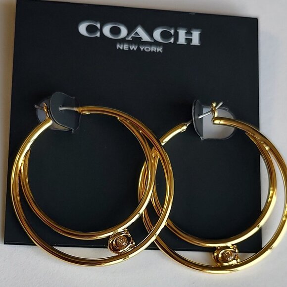 Coach Earrings Hoops Gold Signature C Zirconia Double Hoop Gold NEW - Picture 1 of 11